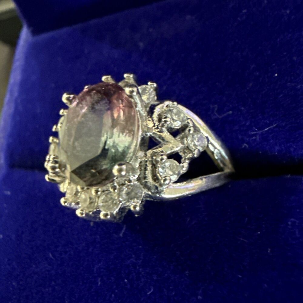 Marked 925 Sterling Silver Mystic Topaz Look Oval Halo Cocktail Ring Size 5.25 - Picture 3 of 7